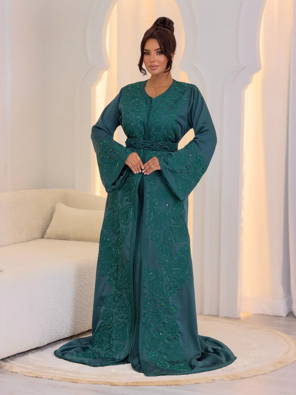 Takchita Aminaa azul verdoso – Vestido marroquí de ceremonia de dos piezas