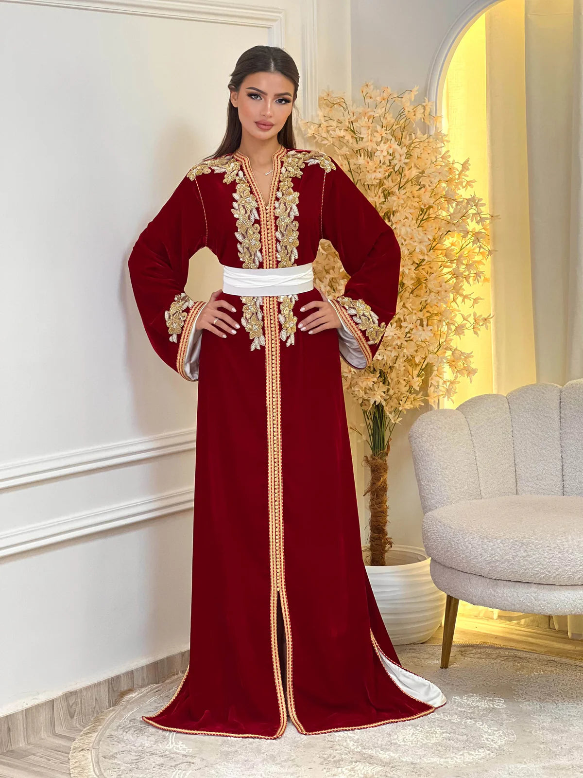 Dania Red Kaftan β Handcrafted with Gold Pearl Beadwork