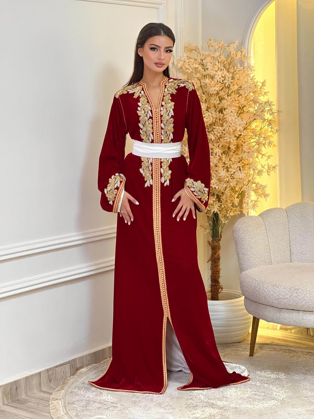 Dania Red Kaftan β Handcrafted with Gold Pearl Beadwork