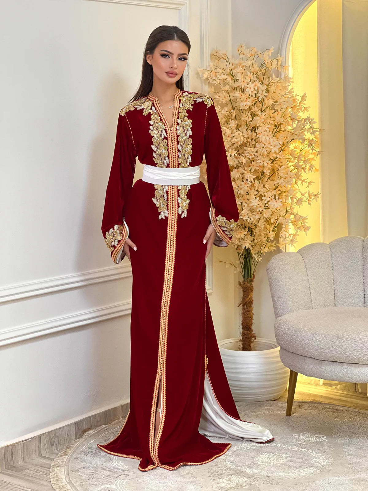 Dania Red Kaftan β Handcrafted with Gold Pearl Beadwork
