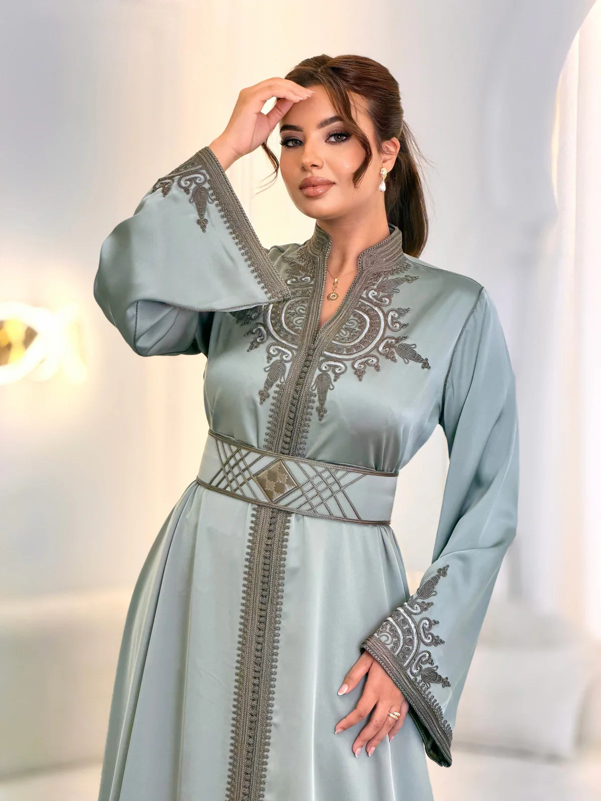 Hoyam Grey Kaftan – Handcrafted Moroccan Satin Dress – product view 2