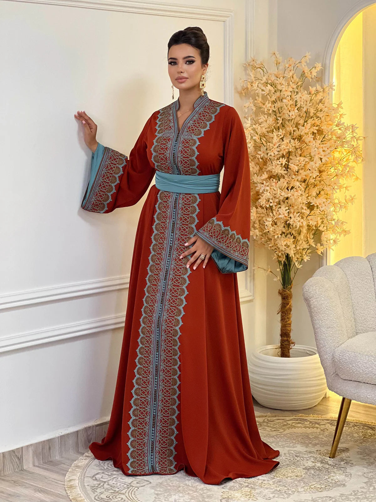 Caftán Rawia Rojo – Vestido marroquí hecho a mano – vista del producto 3