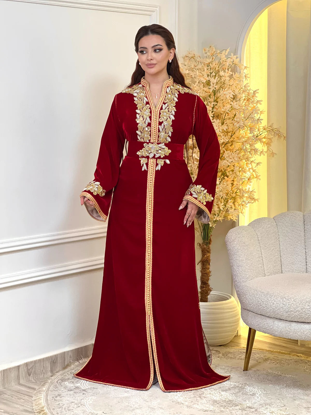 Najia Red Kaftan – Handcrafted with Gold Pearl Beadwork