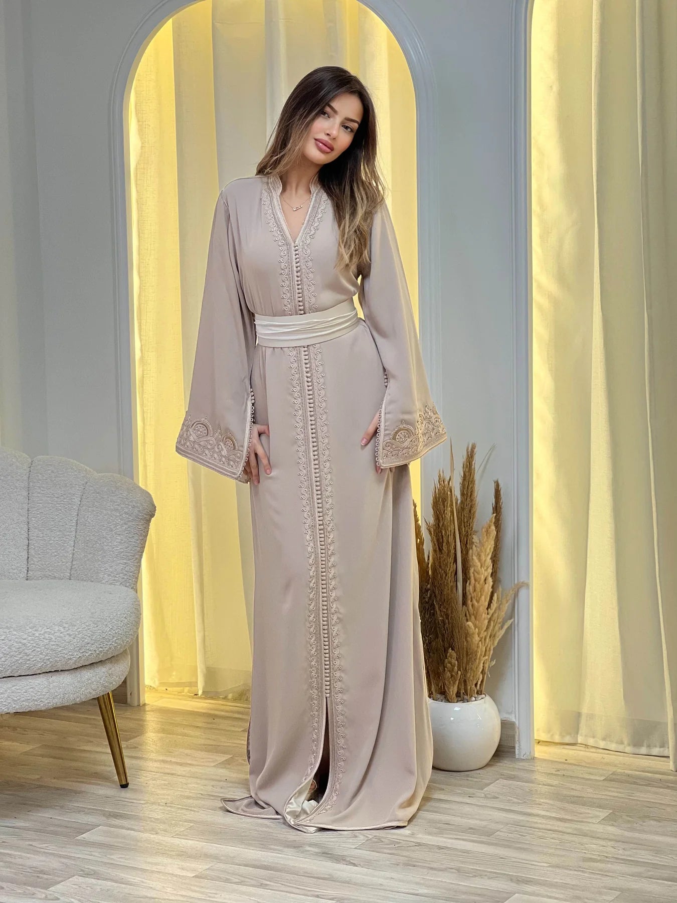 Sajida Beige Kaftan – Handcrafted Moroccan Dress