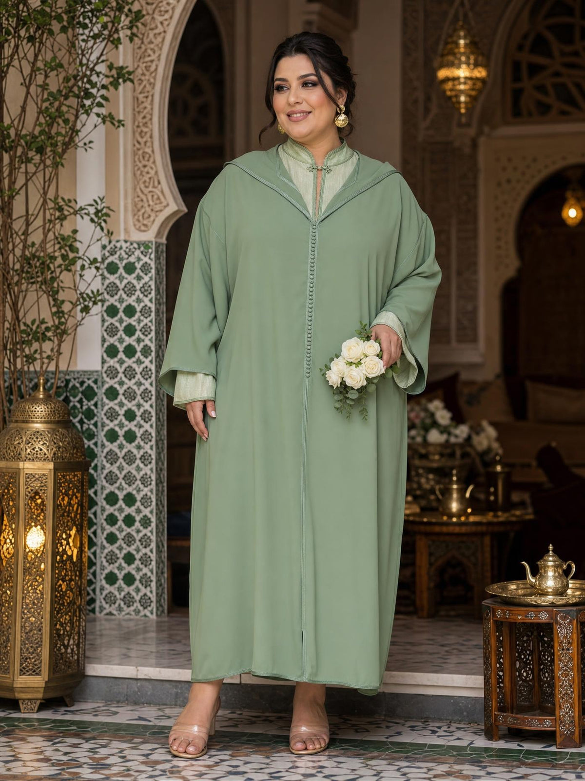 Sakina Green Djellaba – Casual Moroccan Tunic for Everyday Comfort — plus-size model