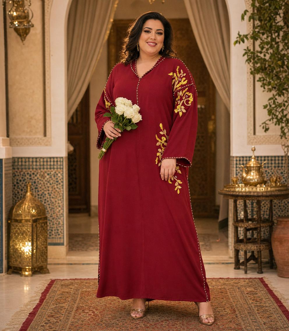Souad Burgundy Djellaba – Casual Moroccan Tunic for Everyday Comfort — plus-size model