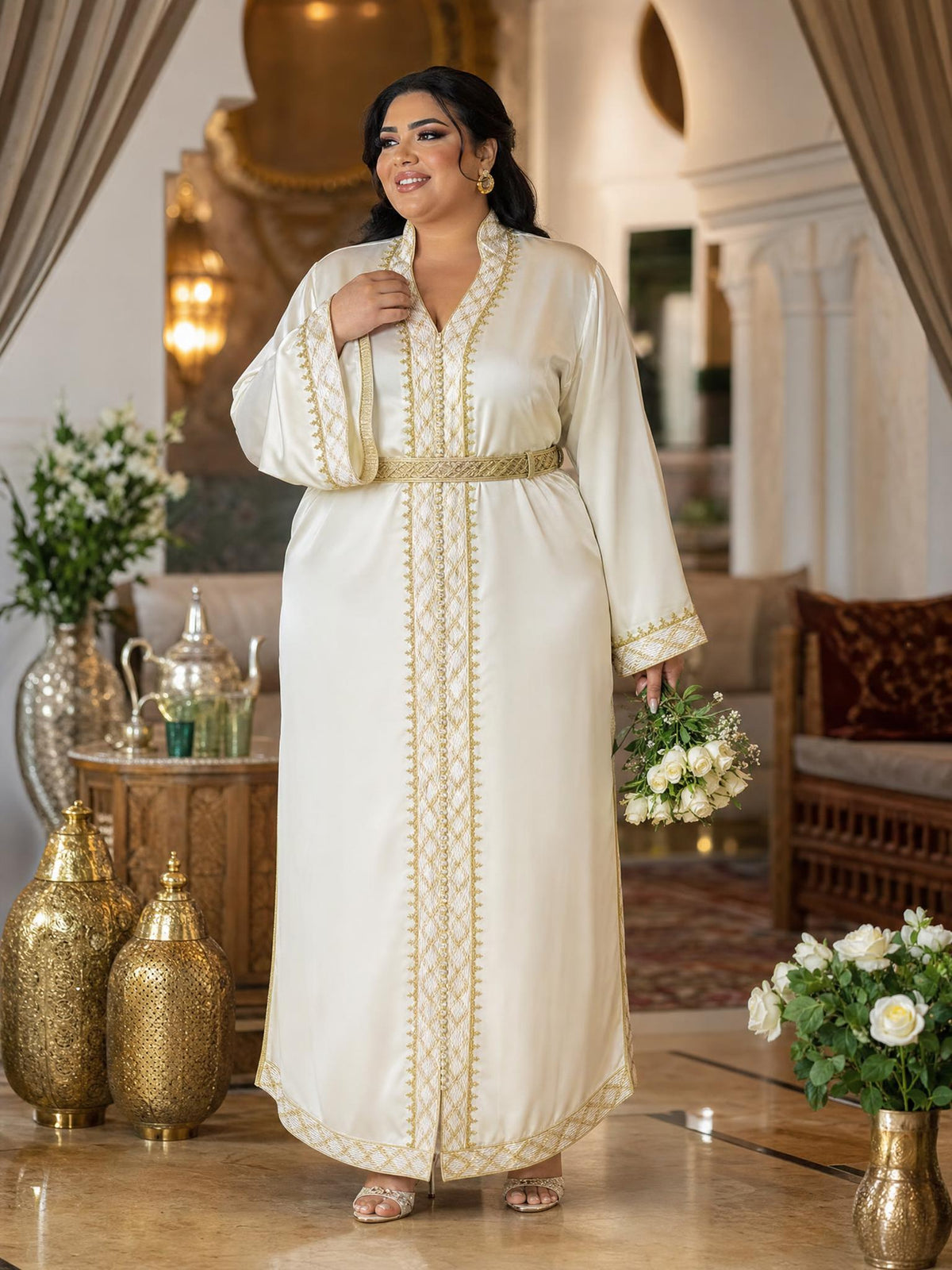 Baraa White Kaftan – Handcrafted Moroccan Dress — plus-size model