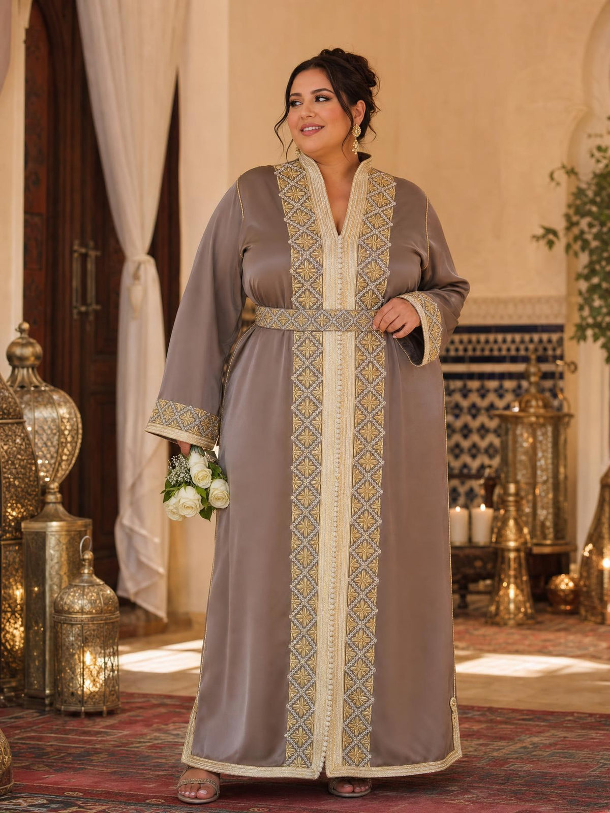 Boutaina Gray Kaftan – Handcrafted Moroccan Dress — plus-size model