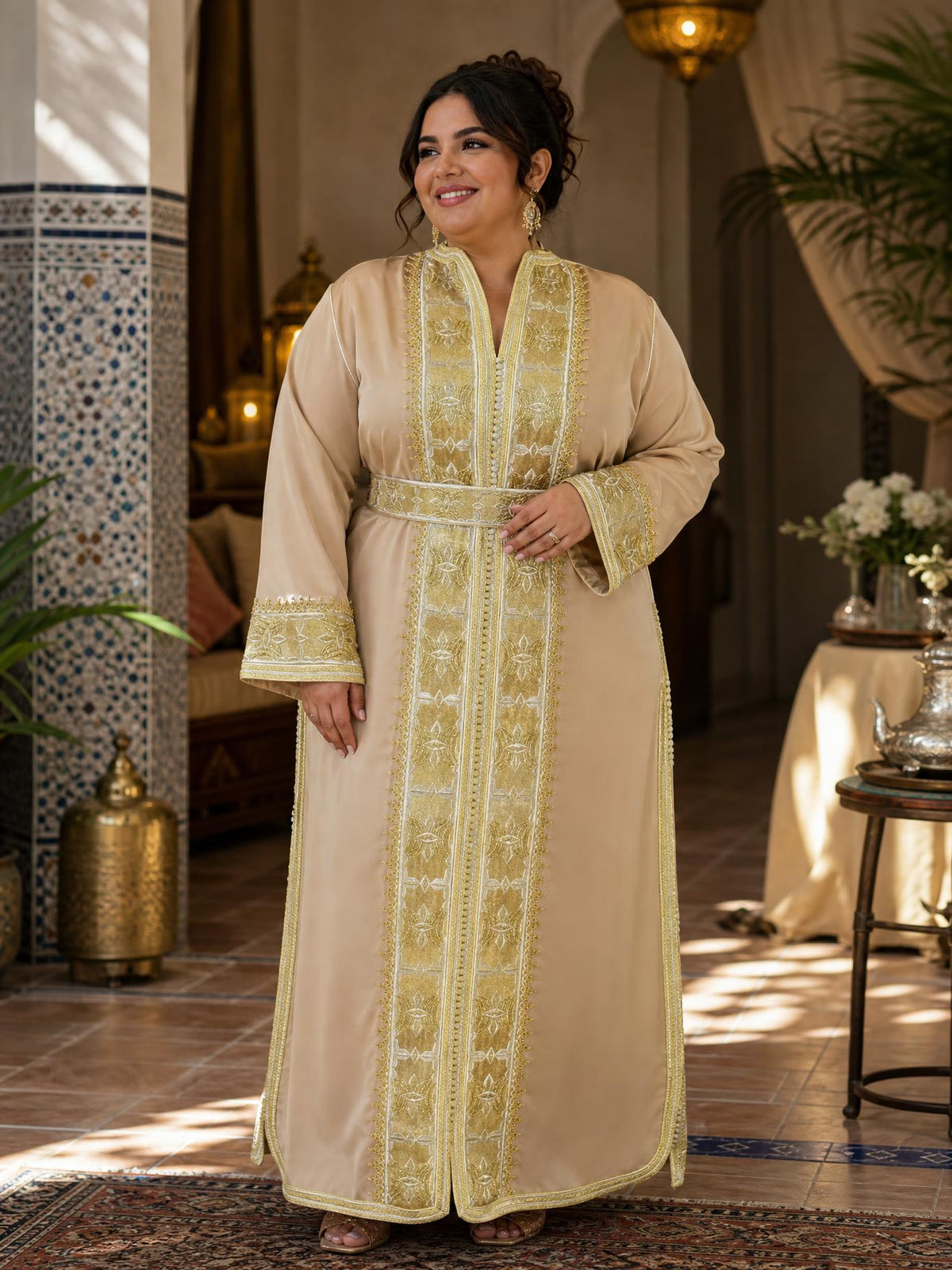 Darine Beige Kaftan – Handcrafted Moroccan Dress — plus-size model