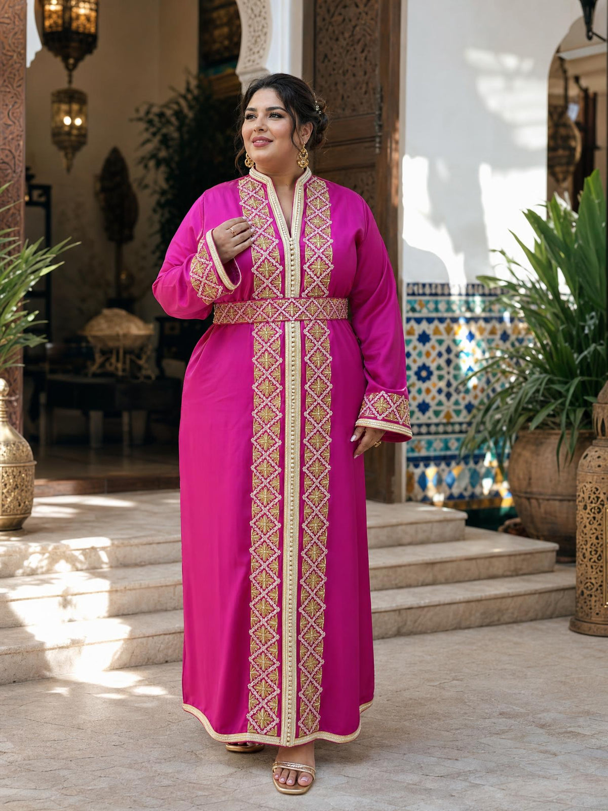 Dounia Pink Kaftan – Handcrafted Moroccan Dress — plus-size model