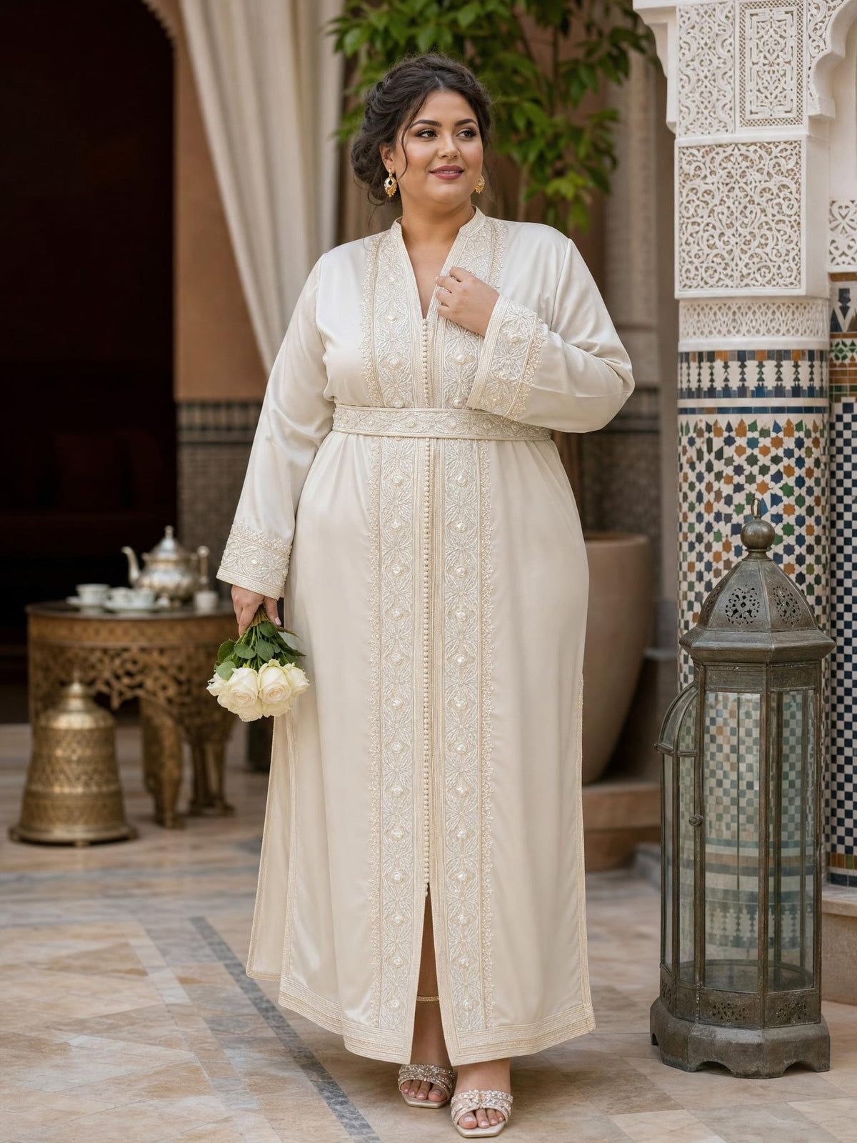 Hala White Kaftan – Handcrafted Moroccan Dress — plus-size model