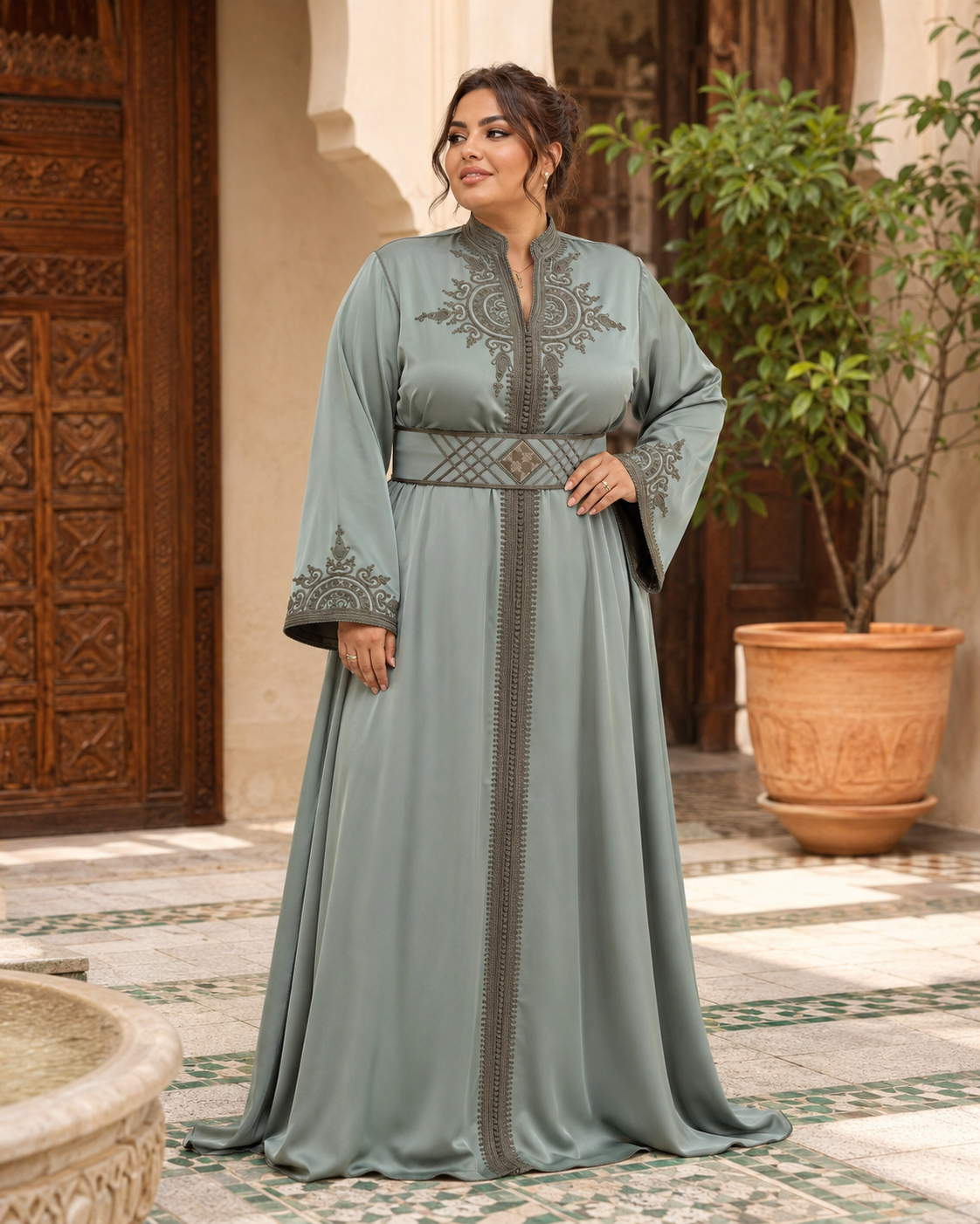 Kaftán Hoyam Gris – Vestido Marroquí Hecho a Mano — plus-size model