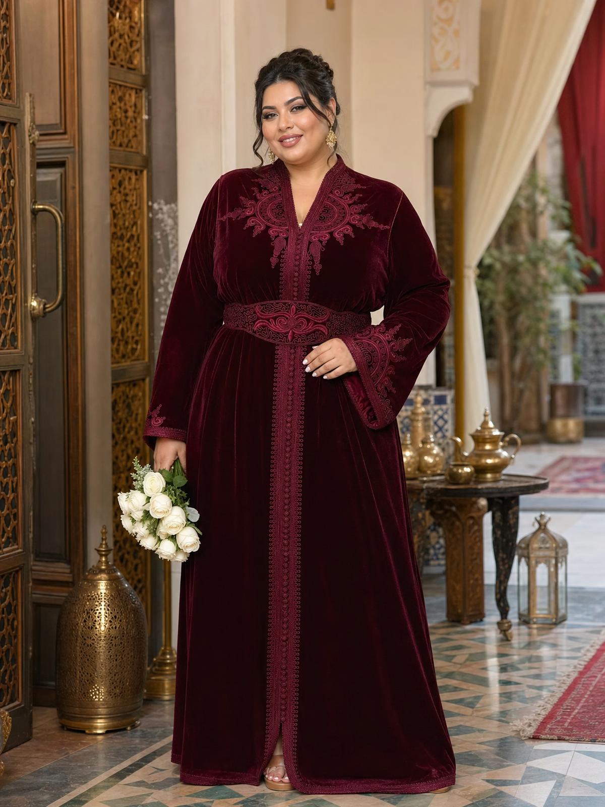 Insaf Burgundy Kaftan – Handcrafted Moroccan Dress — plus-size model