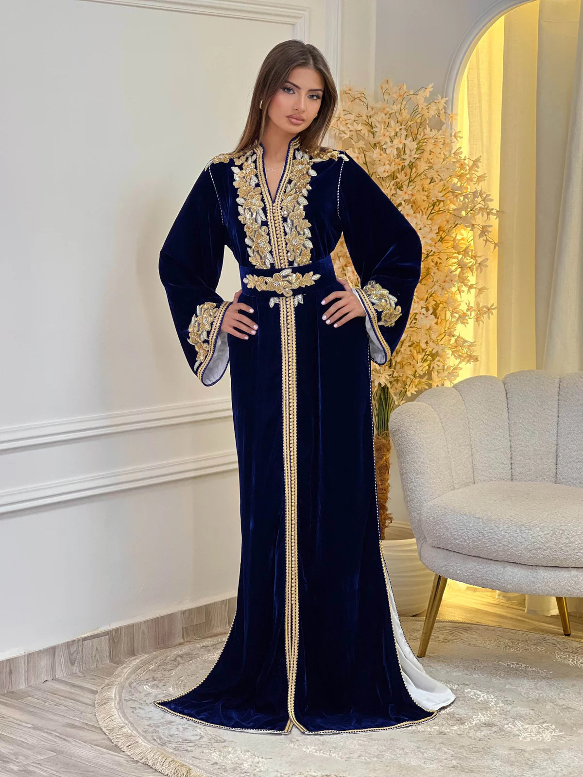 Caftán Lamar Azul Marino – Vestido marroquí hecho a mano – vista del producto 3