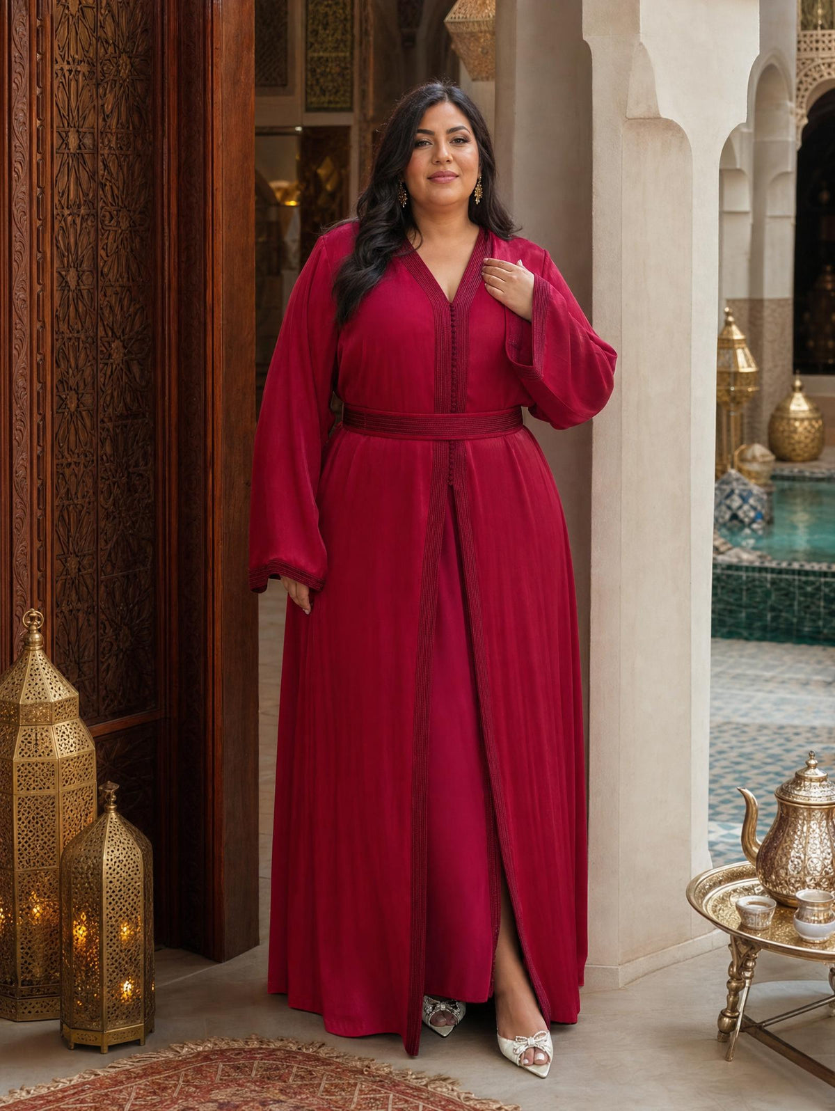 Majda Burgundy Takchita – Two-Piece Moroccan Ceremonial Dress — plus-size model