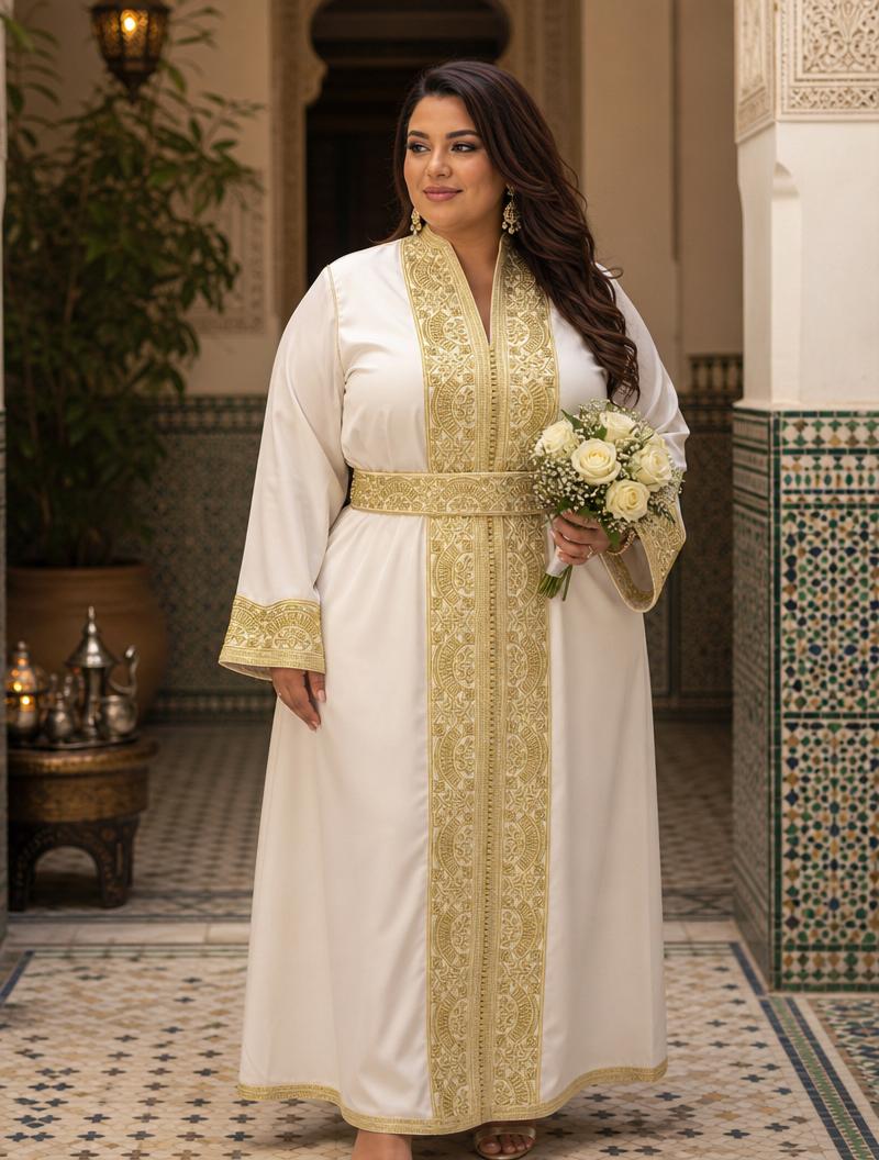 Nadia White Kaftan – Handcrafted Moroccan Dress — plus-size model