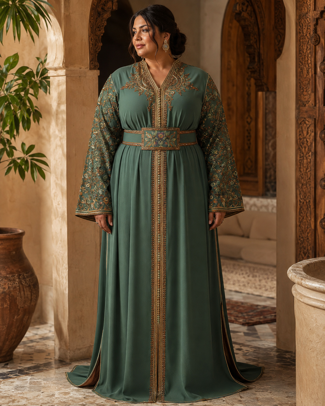 Kaftán Nariman Verde – Vestido Marroquí Hecho a Mano — plus-size model