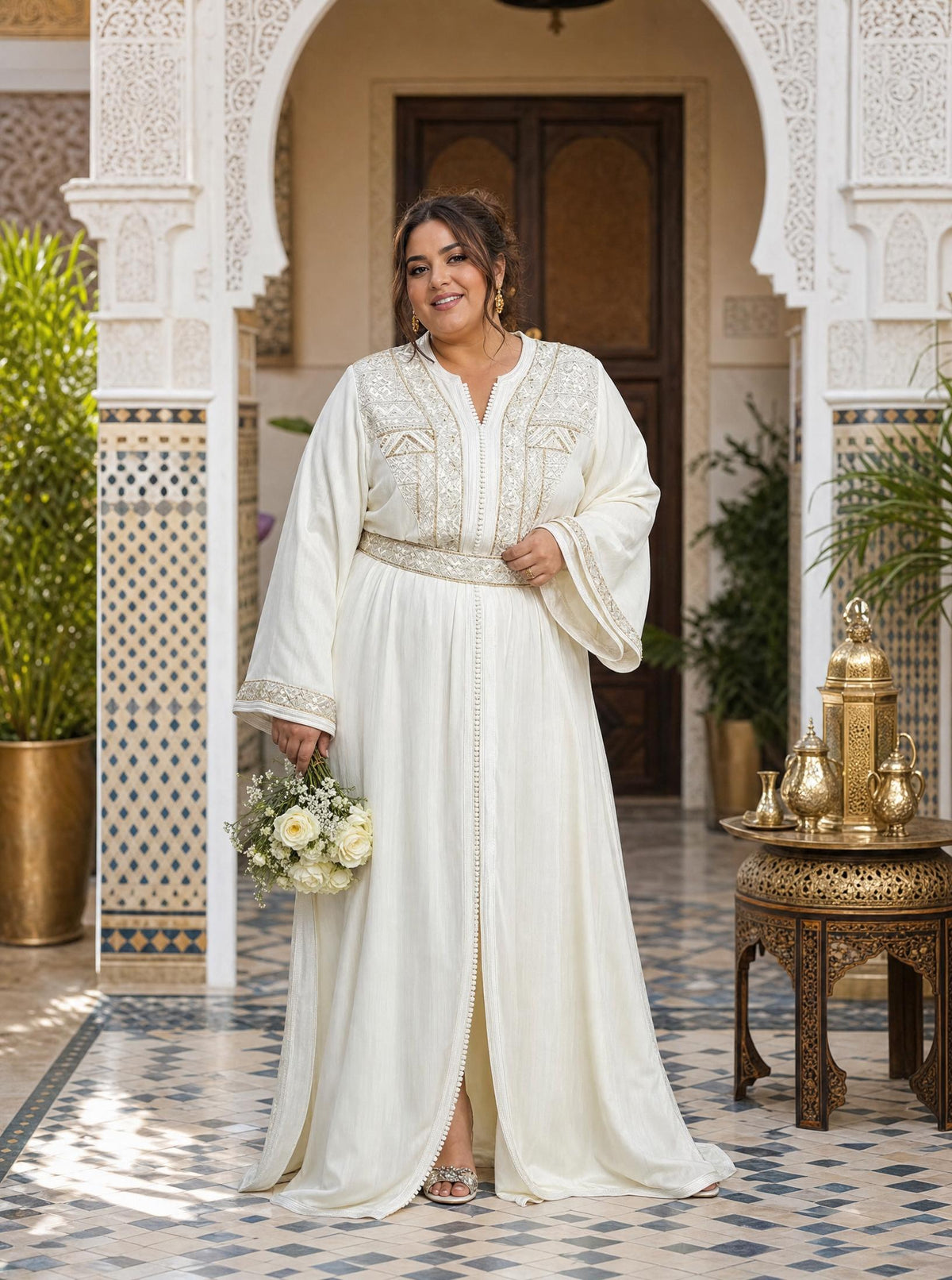 Nirmine White Takchita – Two-Piece Moroccan Ceremonial Dress — plus-size model