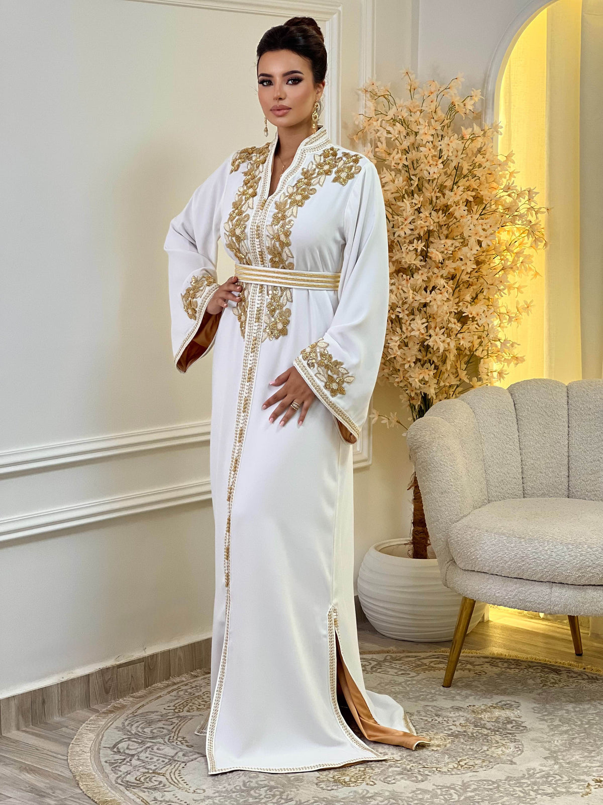 Caftán Rihab Blanco – Vestido marroquí hecho a mano – vista del producto 2