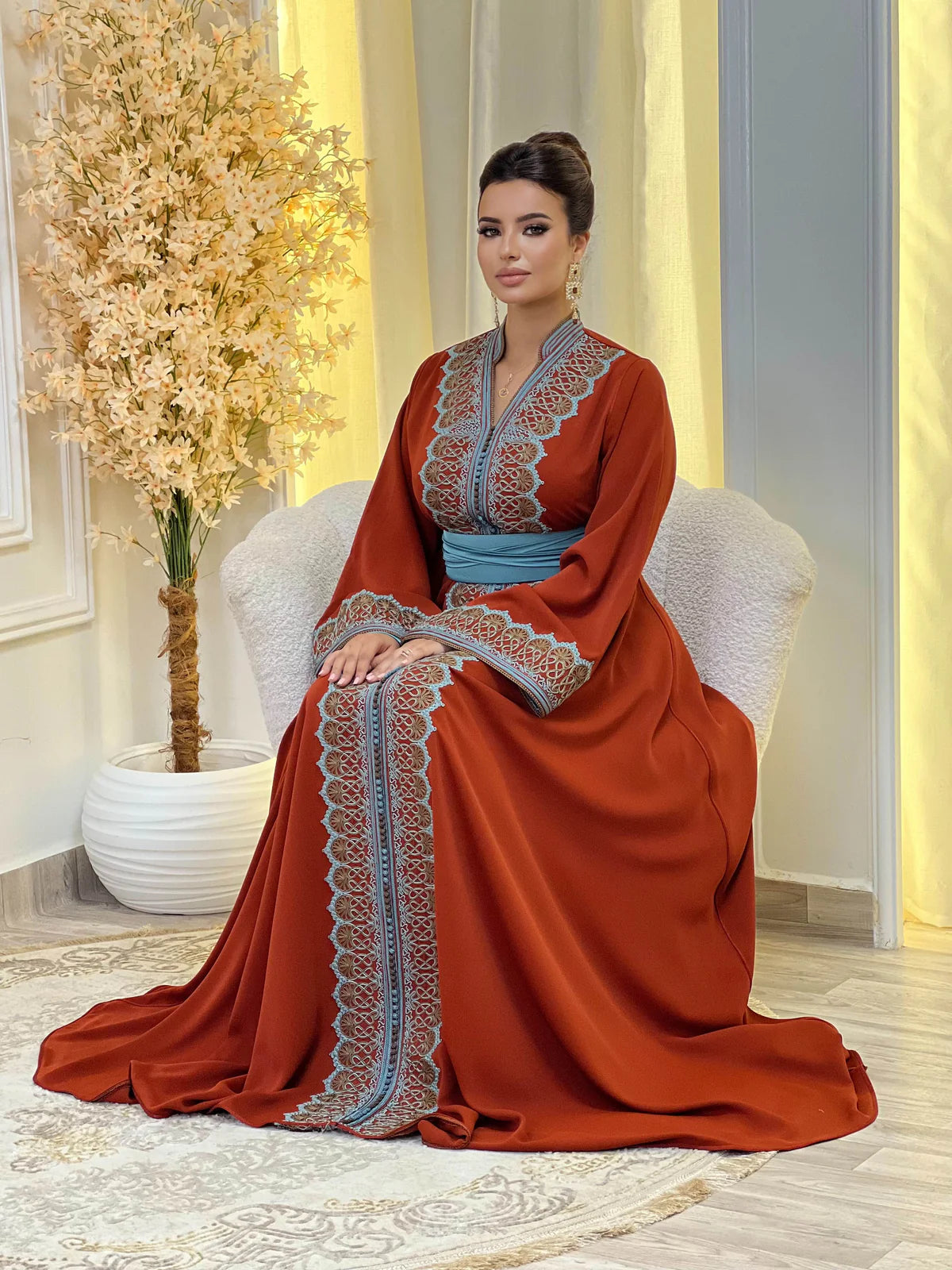 Caftán Rawia Rojo – Vestido marroquí hecho a mano – vista del producto 8