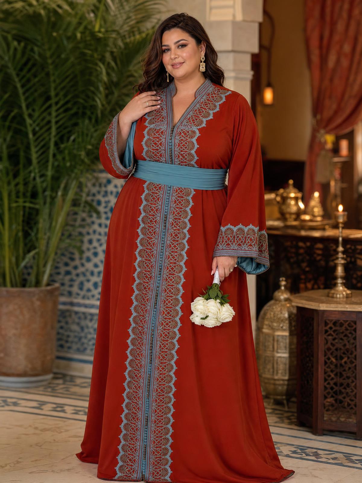 Rawia Red Kaftan – Handcrafted Moroccan Dress — plus-size model