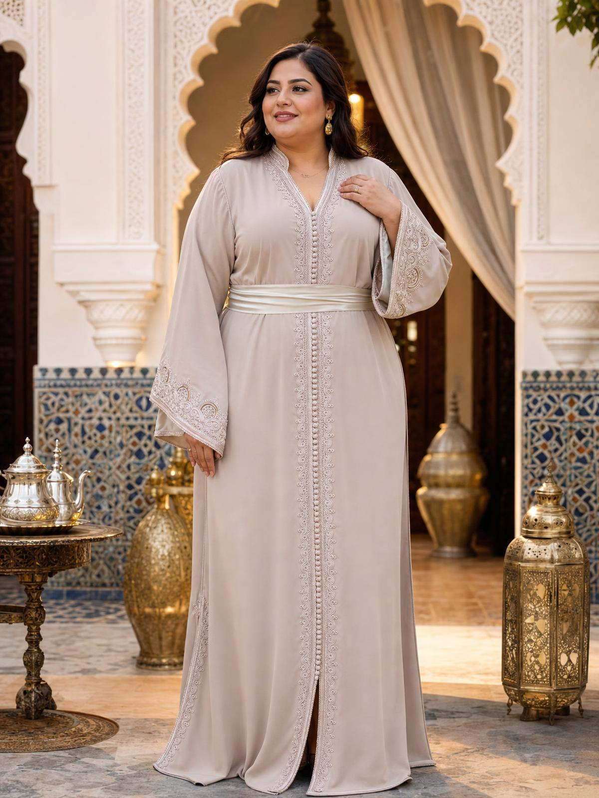 Sajida Beige Kaftan – Handcrafted Moroccan Dress — plus-size model
