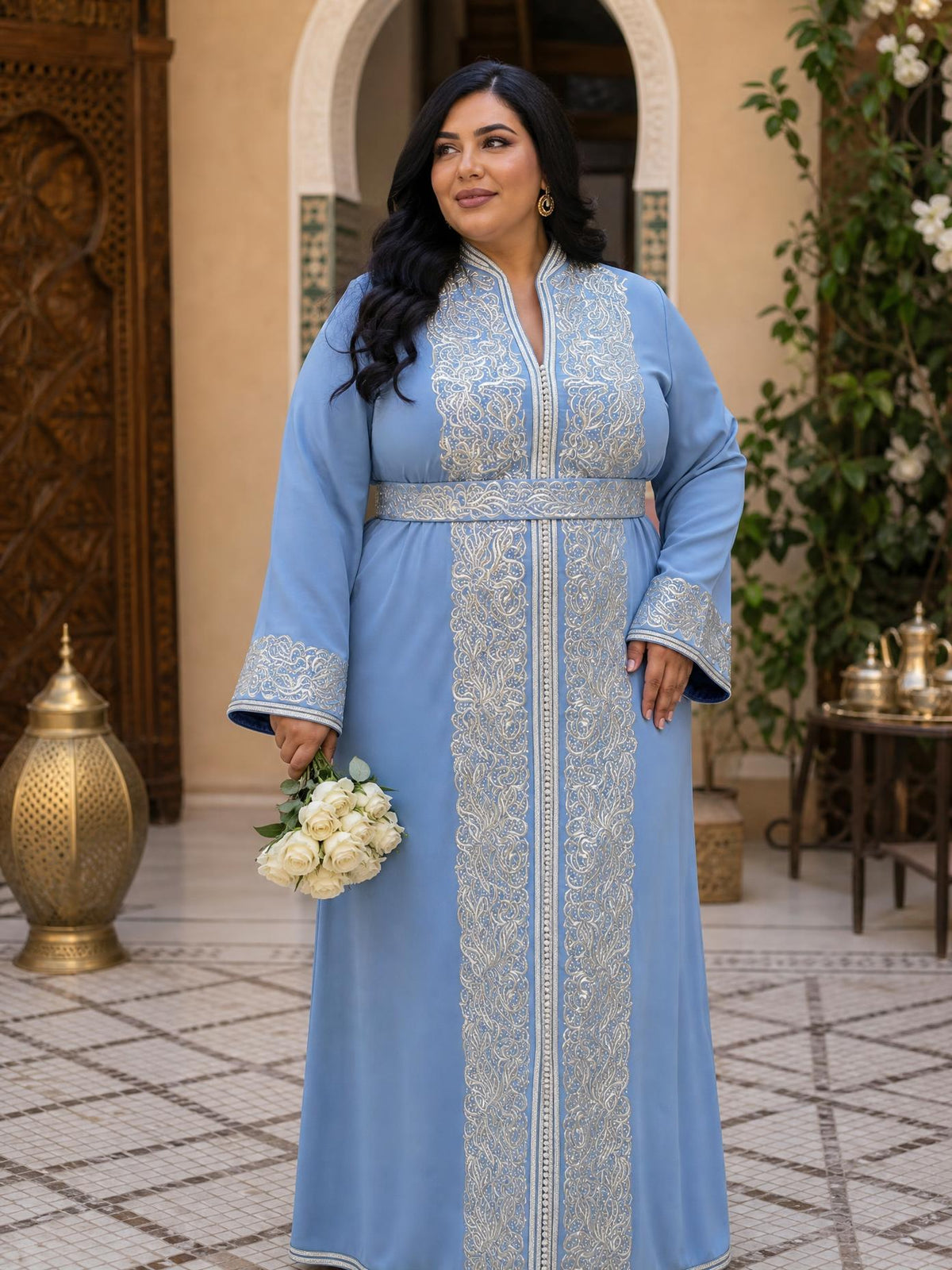 Samia Blue Kaftan – Handcrafted Moroccan Dress — plus-size model