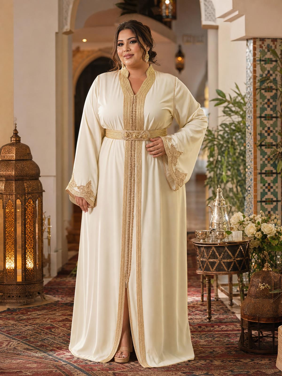 Samira Beige Takchita – Two-Piece Moroccan Ceremonial Dress — plus-size model