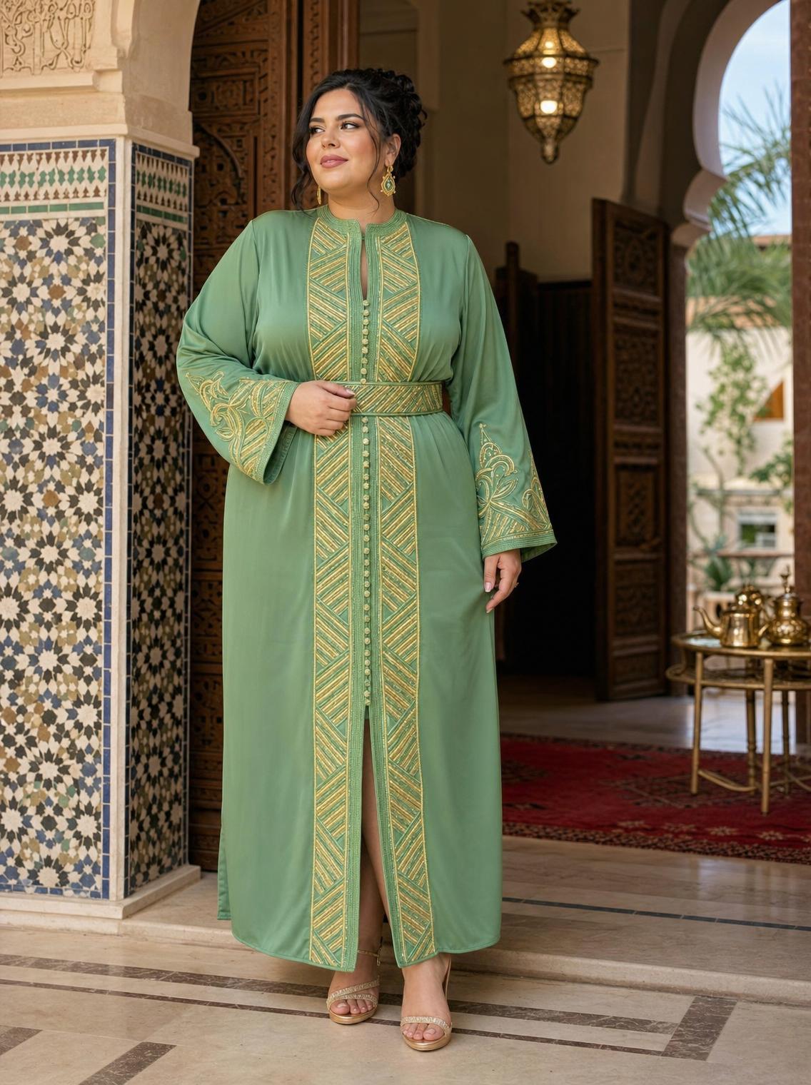 Sirina Green Kaftan – Handcrafted Moroccan Dress — plus-size model