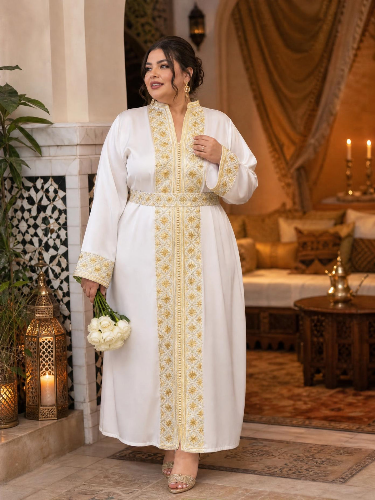 Tamara White Kaftan – Handcrafted Moroccan Dress — plus-size model