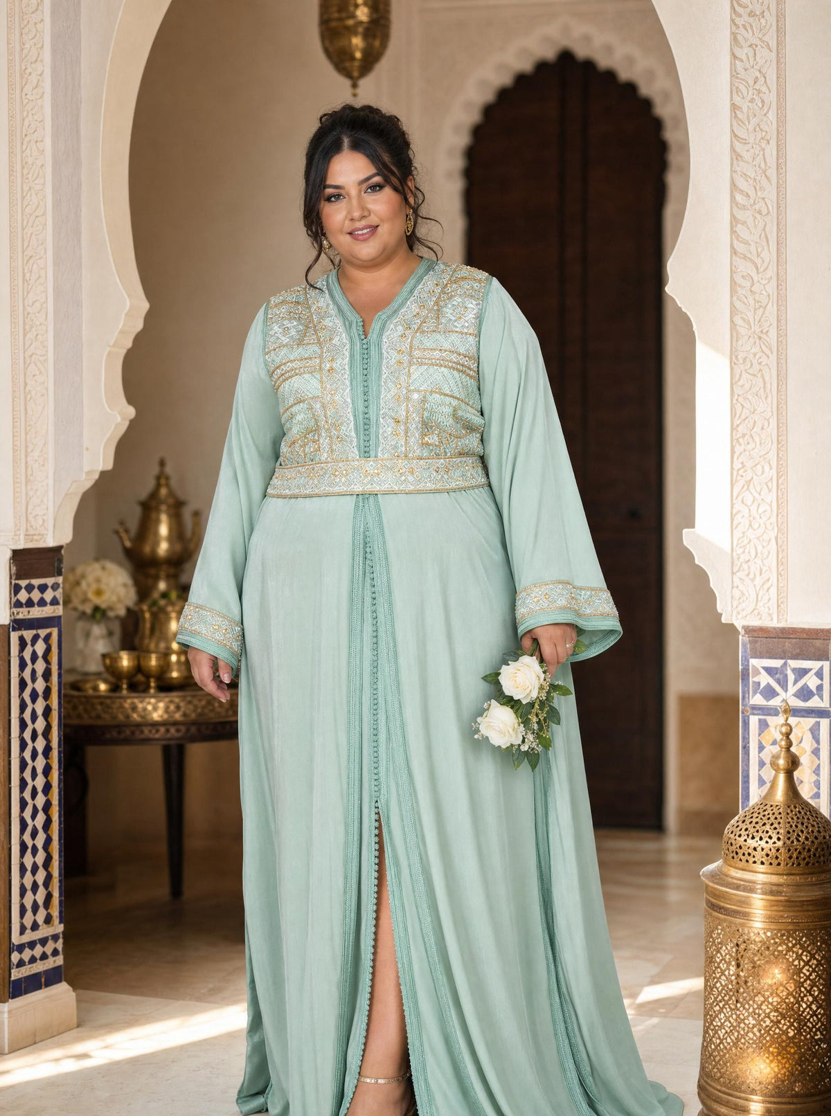 Wissal Green Takchita – Two-Piece Moroccan Ceremonial Dress — plus-size model